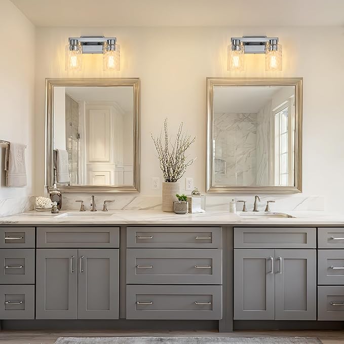 2-Light Bathroom Light Fixtures Modern Chrome Vanity Lights with Water Ripple Glass Wall Sconces Over Mirror for Bathroom, Powder Room, Living Room