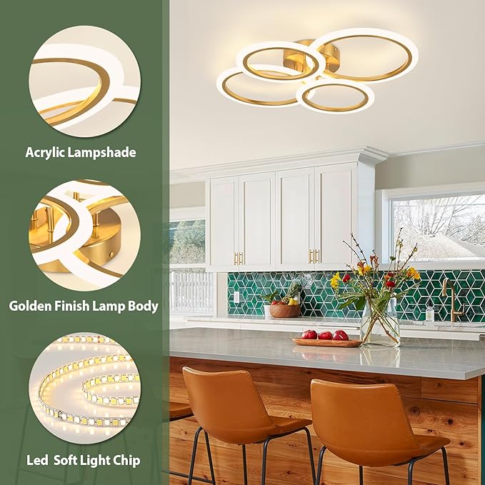 Modern LED Ceiling Light, 4 Rings LED Dimmable Flush Mount Ceiling Light with Remote Control, Gold Close to Ceiling Lamp for Kitchen Living Room Bedroom Laundry Room Ceiling Lighting Fixture