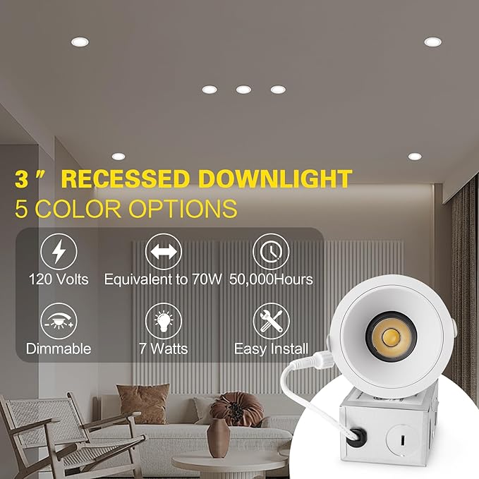 CXWV 3 Inch LED Recessed Downlight,7W Dimmable Anti-Glare Ceiling Light with Junction Box, CRI92 560LM,5 CCT (2700K-5000K) White Lighting Fixture (1)
