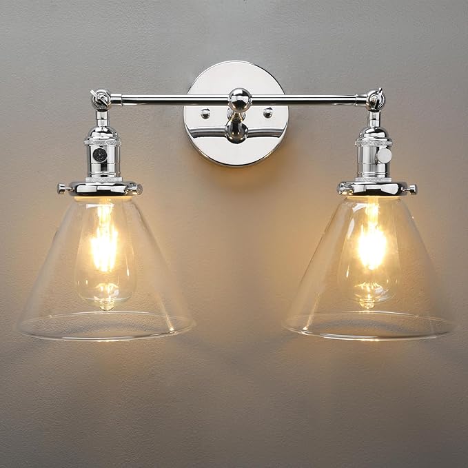 PERMO Double Sconce Chrome Industrial 2-Lights Wall Sconces with Funnel Flared Glass Clear Glass Shade Vanity Light for Bedroom (Chrome)