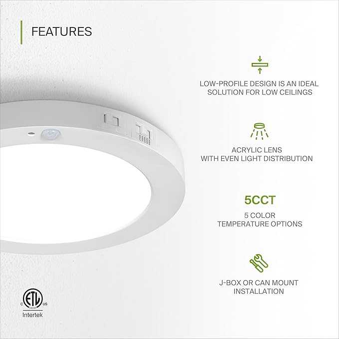 ASD LED 9" Round Flush Mount Ceiling Light Fixture, Low Profile Surface Lighting | 5CCT, Motion Sensored, Ultra-Thin, ETL Listed | 15W 1300LM 2700-6000K 120V | Kitchen, Hallway Lamp | White, 12 Pack