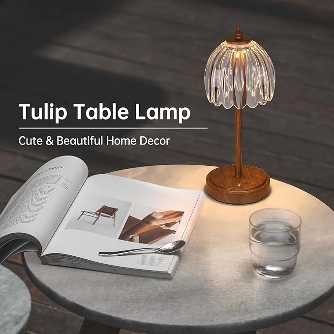Shenmoyl Tulip Table Lamp with 5200mAh Battery & Touch Control, Small Cordless Table Lamp with 3 Colors, Rechargeable Battery Operated Table Lamps for Bedroom, Desk, Bedside (Transparent-Walnut Color)