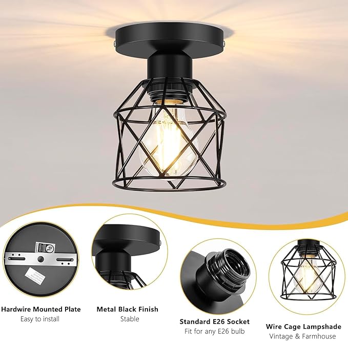 FadimiKoo 2-Pack Farmhouse Semi Flush Mount Ceiling Light, Black Hallway Light Fixtures Ceiling Mount, Small Metal Cage Indoor Ceiling Lamp for Kitchen Porch Bedroom (LED Bulbs Included)