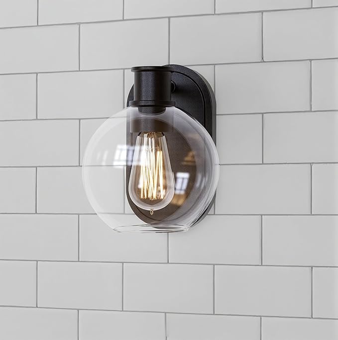 Tawson Dan Modern Farmhouse 1-Light Wall Sconces Light with Clear Glass Globe Shade in Dark Bronze Finish for Hallway, Entryway, Bathroom, Garage, Kitchen, Living Room