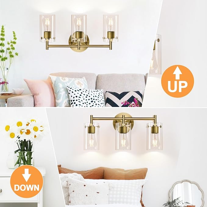 Indoi Bathroom Light Fixtures, 3-Light Brass Vanity Light, Black Bathroom Lights Over Mirror with Clear Glass Shade, Wall Sconces for Mirror Bedroom Living Room Hallway