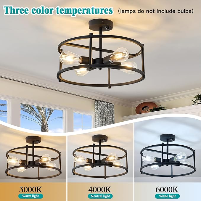 hesoge Motion Sensor Ceiling Light Indoor Industrial 4 Light Semi Flush Mout Ceiling Light Fixture Black Overhead Light for Entryway Hallway Closet Porch Front Farmhouse