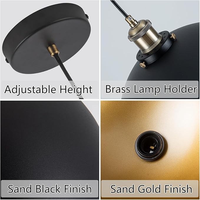 13.78" Modern Industrial Black Pendant Light Vintage Farmhouse Black Gold Pendant Light Fixtures Retro Dome Golden Pendant Lights for Kitchen, Dining Room, Bedroom, Hallway, Entryway, Bars