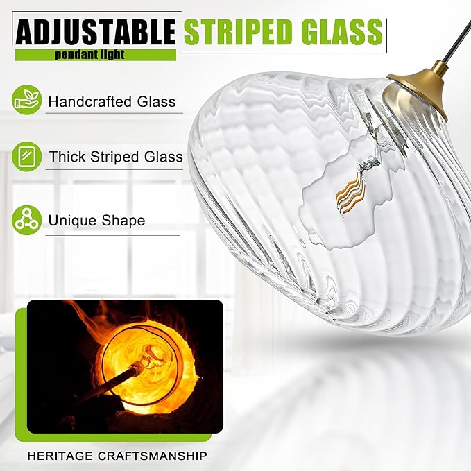 Glass Pendant Lights Kitchen Island, 11'' Brass Gold Pendant Lighting Fixtures, Modern Hanging Ceiling Light with Striped Clear Glass Shade for Farmhouse Dining Room Bedroom Hallway(1 Pack)