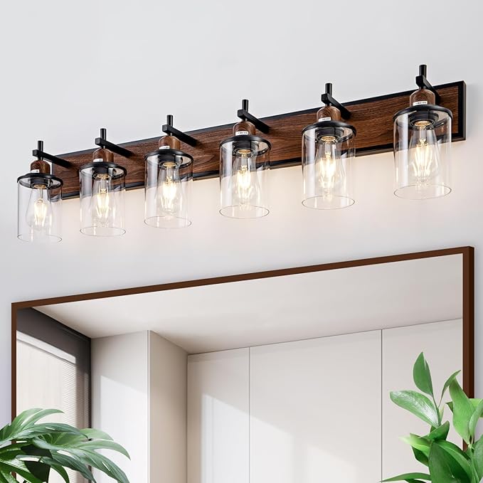 Lanhall 6-Light Farmhouse Bathroom Light Fixtures Vintage Bathroom Vanity Lights Over Mirror Black and Wood Painted Metal Vanity Light for Bathroom with Glass Shades E26 Socket