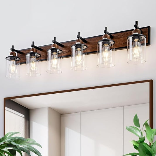 Lanhall 6-Light Farmhouse Bathroom Light Fixtures Vintage Bathroom Vanity Lights Over Mirror Black and Wood Painted Metal Vanity Light for Bathroom with Glass Shades E26 Socket