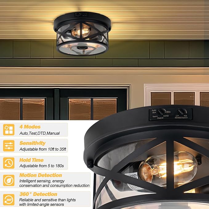 Motion Sensor Outdoor Ceiling Light, Adjustable Black Flush Mount Light Fixture, 2-Light Porch Lights Outdoor, Clear Glass Industrial Exterior Ceiling Lights for Patio, Garage, Entryway, Farmhouse