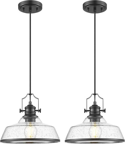 kudos 2 Pack Pendant Lights Kitchen Island, 11" Black Kitchen Island Lighting with Seeded Glass Shade, Farmhouse Large Hanging Light Fixture for Kitchen Sink Dining Room, KDPL13-BK-S-2PK