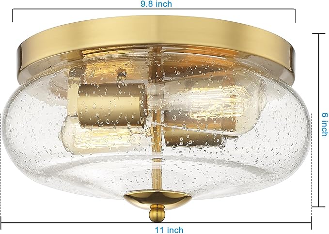 Darkaway Ceiling Light Fixtures Flush Mount, Indoor Outdoor Ceiling Light with Seeded Glass Shade for Hallway, Kitchen, Bedroom, Porch, Gold
