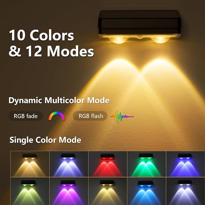VOLISUN Solar Fence Lights Outdoor 8 Pack, 10 Colors ＆ Color Changing Fence Lights Solar Powered, IP65 Waterproof Solar Lights for Fence, Garden, Patio, Backyard, Railing, Deck, Wall, Pool（Black）