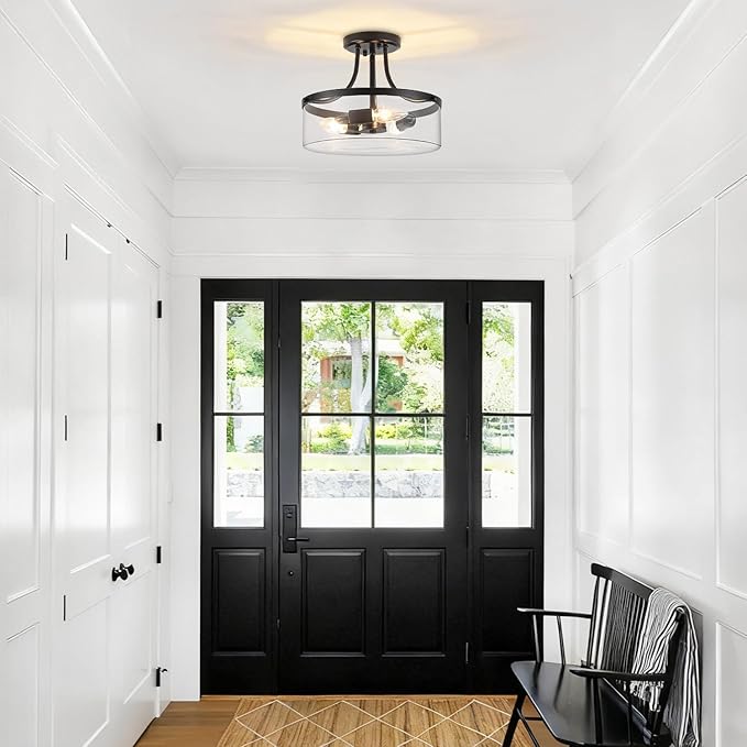 TOULMJ Black Semi Flush Mount Ceiling Light, 11.81" Glass Drum Light Fixture, 3-Light Modern Hallway Light Fixture for Kitchen Entryway Bedroom Foyer Laundry Dining Room