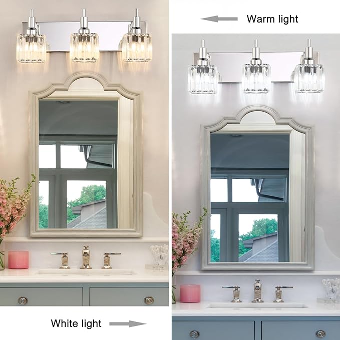 Modern Crystal Bathroom Vanity Light 3-Light Wall Light Fixtures Over Mirror Chrome Vanity Lighting for Bathroom Square Shade Wall Sconce