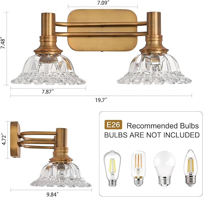 Vintage Brass Bathroom Vanity Light Fixtures 2-Light Bathroom Light Fixtures Wall Sconces Lighting for Bathroom Living Room Bedroom/Entryway