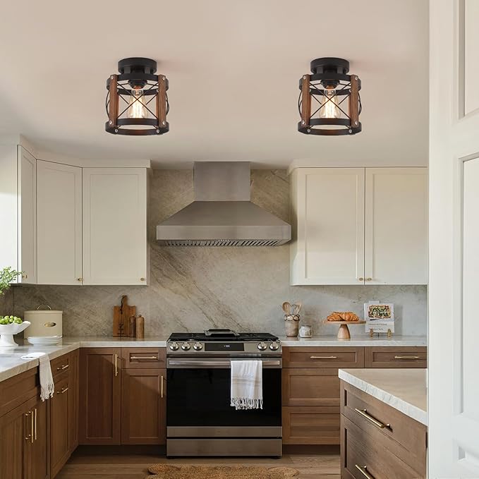 2 Pack Rustic Farmhouse Wood Flush Mount Ceiling Light Fixture Oak Wood and Metal Round Cage Small Semi Flush Mount Ceiling Light for Kitchen Entry Bedroom Country Hallway Farmhouse, Black