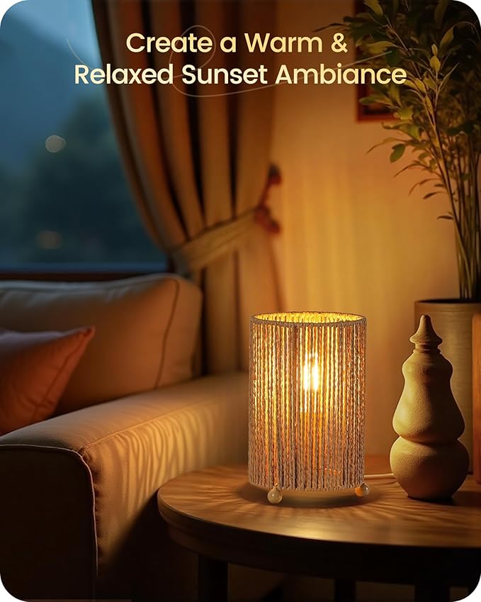 Small Rattan Table Lamps Set of 2, Boho Bedside Lamps Set of 2, Handwoven Paper Lampshade, 4W 2400K LED Bulb Included, Boho Desk Lamp, Nightstand Lamp for Bedroom, Living Room, S11TLP205