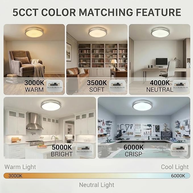 OOWOLF 16inch 48W LED Flush Mount Ceiling Light Fixture Dimmable, 5CCT Super Bright Brushed Nickel Ceiling Light 4800LM Warm/White 480W Equivalent, 3000K/ 3500K/ 4000K/ 5000K/ 6000K Ceiling Lamp