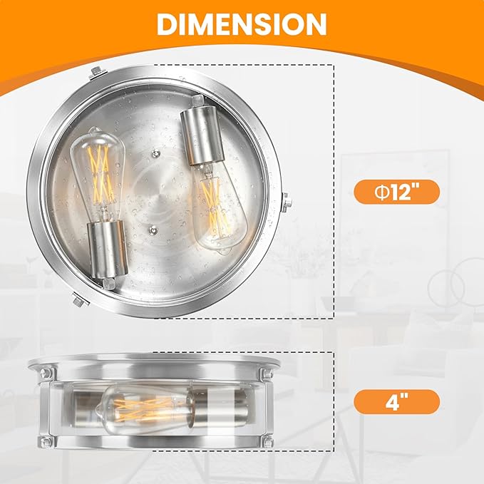 Flush Mount Ceiling Light, 2-Light Metal Cage Ceiling Light Fixture, Brushed Nickel Flush Mount Light with Seeded Glass Shade for Kitchen, Hallway, Bedroom (12 Inch)
