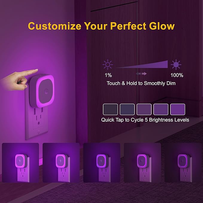 YUNLEX 2 Pack Plug in Night Light with Motion Sensor & Dusk to Dawn Sensor, 3 Sensor Modes, Purple Lights Plug into Wall, Dimmable Calming Glow for Meditation, Relaxation, Bathroom, as Mother Gifts