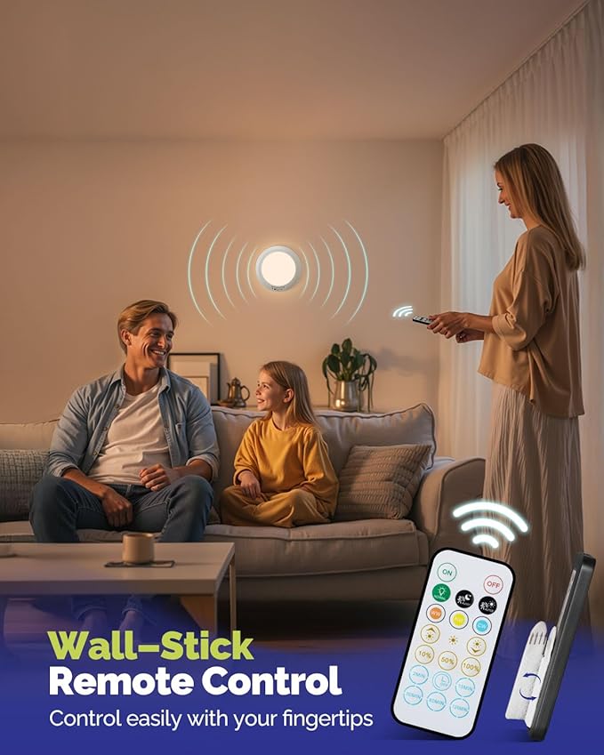 4PCs 10,000mAh Rechargeable Ceiling Light with Remote, Wireless Waterproof Shower Lights 3000K/4000K/6000K, Battery Powered Light for Closet Battery Operated, Motion Sensor Lights No Wiring
