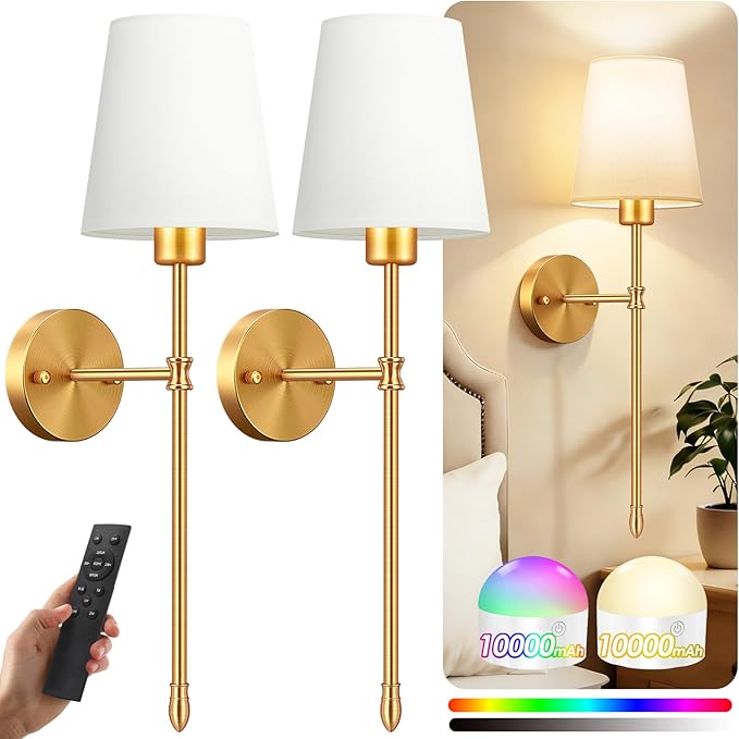 OCATO Battery Operated Wall Sconce: 10000mAh Wireless Wall Sconces Set of Two Rechargeable Lamp Dimmable Magnetic Lights with 7 RGB Colors and Remote Walls Decor for Bedroom Living Room Hallway