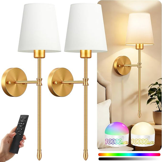OCATO Battery Operated Wall Sconce: 10000mAh Wireless Wall Sconces Set of Two Rechargeable Lamp Dimmable Magnetic Lights with 7 RGB Colors and Remote Walls Decor for Bedroom Living Room Hallway