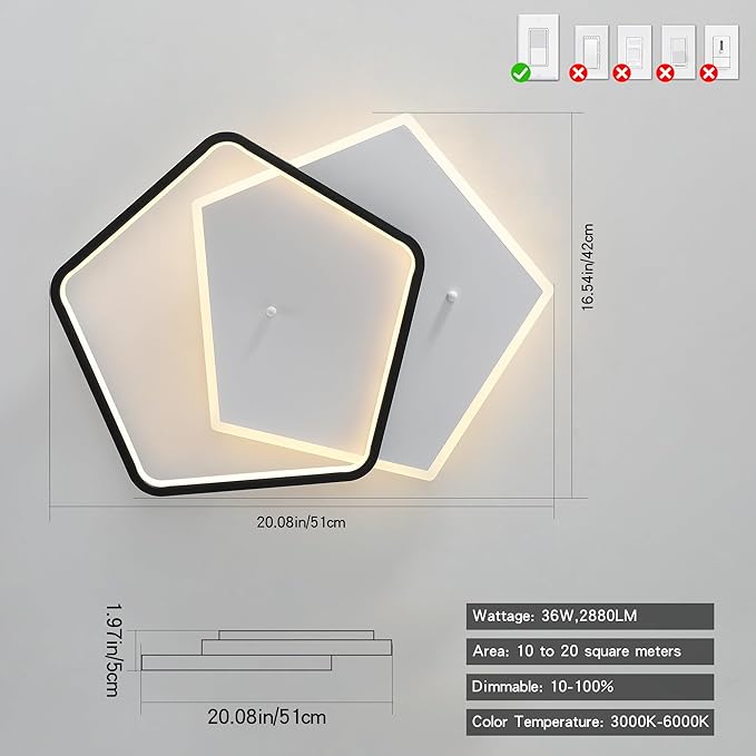 Modern LED Ceiling Light Fixture Dimmable Black Flush Mount Ceiling Light 20.08" Bedroom Ceiling Lamp with Remote Control Pentagonal Ceiling Light for Kitchen,Entryway,Balcony,Wardrobe