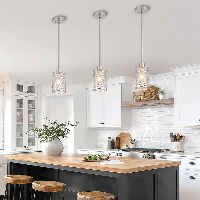 Refice Glass Pendant Lights Kitchen Island, Brushed Nickel Kitchen Hanging Light with Clear Glass, Farmhouse Cage Mini Pendant Lighting for Sink Dining Room Bedroom Bar, 3 Pack