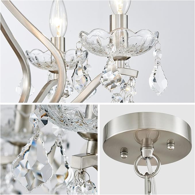 WUZUPS Crystal 5-Light Candle Chandelier Pendant Flushmount Ceiling Light Modern Lighting Fixture for Bedroom Hallway Bar Kitchen Bathroom, H 20.9" x W 21.7", Brushed Nickel, E12 Base