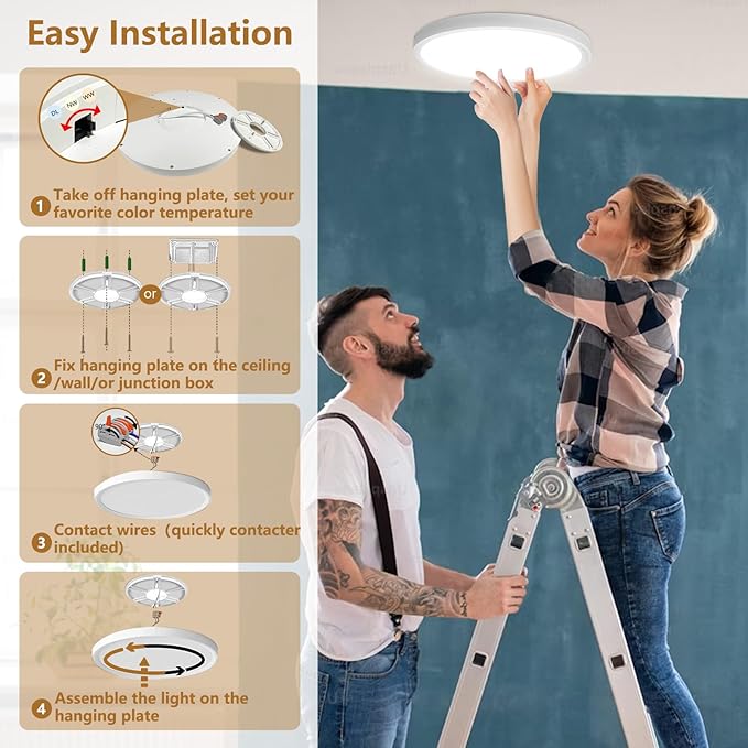 4PK 12 Inch LED Flush Mount Ceiling Light, 24W, 2520LM, 3000K/4000K/6000K CCT Selectable, 0.9inch Super Slim LED Ceiling Light Fixtures, Low Profile Round Flat Panel Light for Bedroom,Kitchen,Hallway