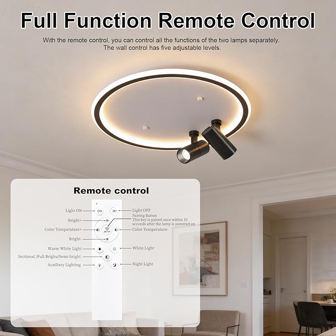 Modern LED Bedroom Ceiling Light, 2 Adjustable Spotlights, Dimmable Round Close to Ceiling Lamp, Black White Minimalist Lighting for Living Room Bedroom Kitchen Dining Room