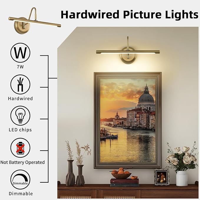JOOSENLUX 16.5" Brass Picture Light Hardwired, Adjustable LED Art Display Lighting Fixture, 3000K Warm Dimmable Wall Sconce for Painting Portrait Gallery, Vintage Gold Metal Indoor Bedroom
