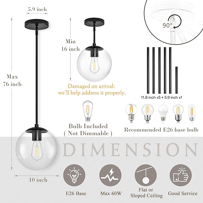 Bagood 10" Globe Pendant Light Black 2 Pack Mid Century Pendant Light Globe Pendant Lights Kitchen Island Matte Black Finished with Clear Glass Adjustable Ceiling Light Fixtures for Dining Room Bar