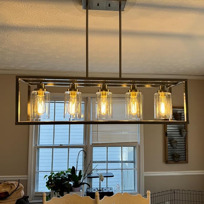 MELUCEE 36.2 Inches Length Industrial Chandelier for Kitchen Island, 5-Light Rectangle Dining Room Lighting Fixtures Hanging Black Finish, Farmhouse Pendant Light Open Metal Frame with Clear Glass