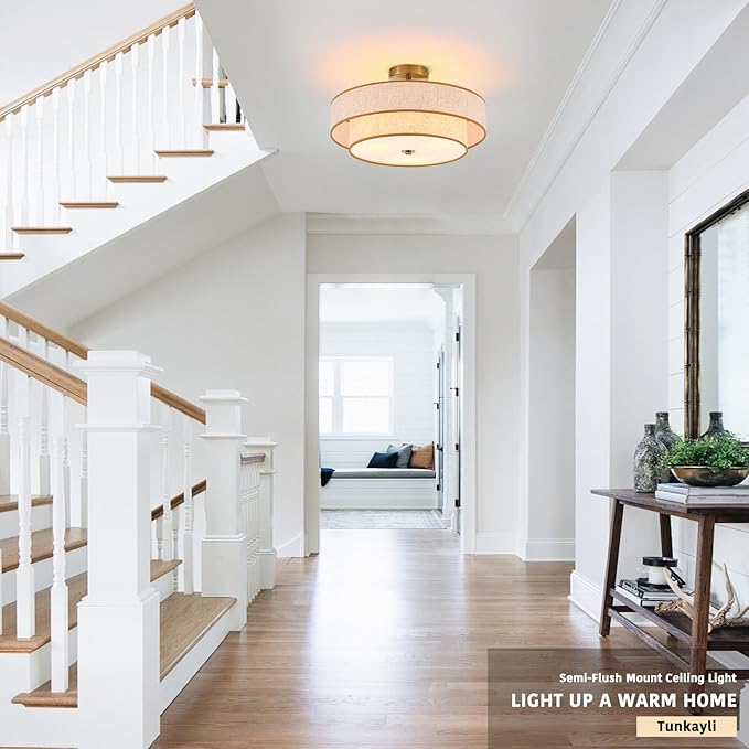 3-Light Drum Semi Flush Mount Ceiling Light, 18" Modern Gold Ceiling Lighting Fixture, Vintage 2-Tier Linen Ceiling Lighting for Living Room, Bedroom, Kitchen, Dining Room, Hallway, Entryway