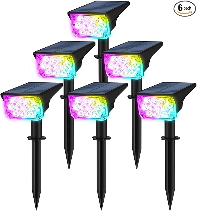 T-SUNUS Solar Spotlights Outdoor Waterproof IP65, 10 LED RGB Color Changing Landscape Lights, 7 Modes with Auto On/Off, Solar Uplights for Garden Yard Pathway Patio Christmas Halloween Decor, 6 Pack