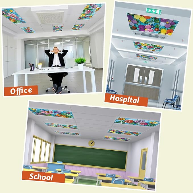 Wiooffen 6 Pcs Fluorescent Light Covers with 60 Magnets Decorative for Classroom Ceiling Light 4 x 2 Feet Magnetic Light Covers Filter Easy Install for Office Hospitals & Home (Stained Glass Floral)