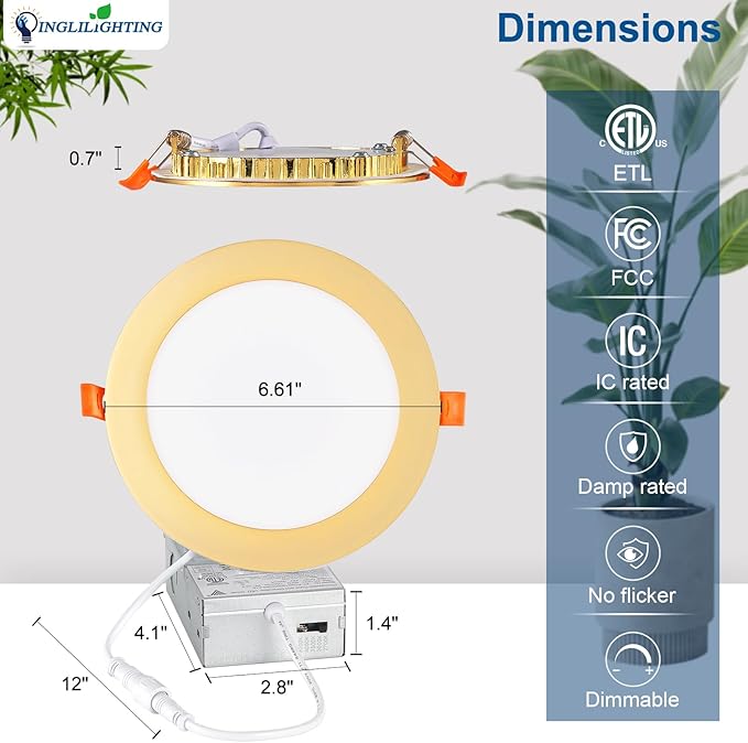 DLLT LED Recessed Ceiling Light: 24 Pack 6 Inch Slim Recessed Lighting for Kitchen - 5CCT Dimmable Canless Wafer Downlight for Living Room - 1200LM Brightness 12W LED Can Lights for Bedroom ETL FCC