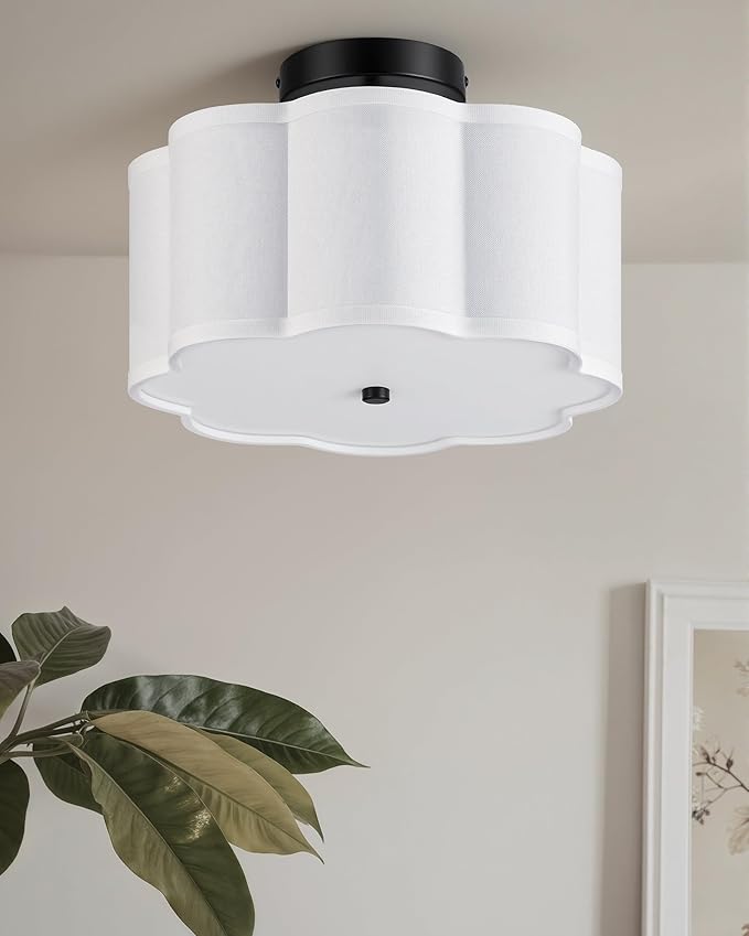 VONLUCE Semi-Flush Mount Ceiling Light, 12.6" Modern 3-Light Ceiling Light Fixture with White Petal-Shaped Shade 3 E26 Sockets for Bedroom Entryway Living Room, Black Finish, ETL Certificated