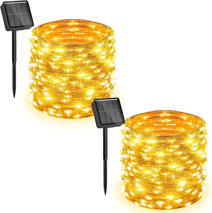 Minetom Solar String Lights, 2 Packs Total 66Ft 200 LED Solar Fairy Lights, Waterproof Solar Lights for Outside Patio Yard Tree Wedding Christmas, Warm White