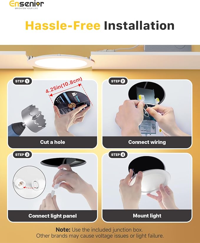 Ensenior 24 Pack 4 Inch LED Recessed Ceiling Light, Dimmable, 3000K-5000K 3CCT, 750LM 9W 120V, High Brightness Canless Wafer Downlight - ETL&FCC&IC