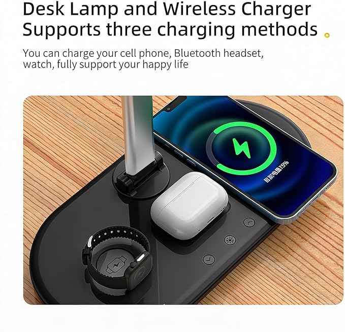 IHAO 3in1 Wireless Charging Eye-Care Desk Lamp 15W Fast Charging Station for Phone, Smartwatch & Earbuds, Touch Control Dimmable LED Light Adjustable Gooseneck, Modern Office Table Lamp-HYT2096 Black