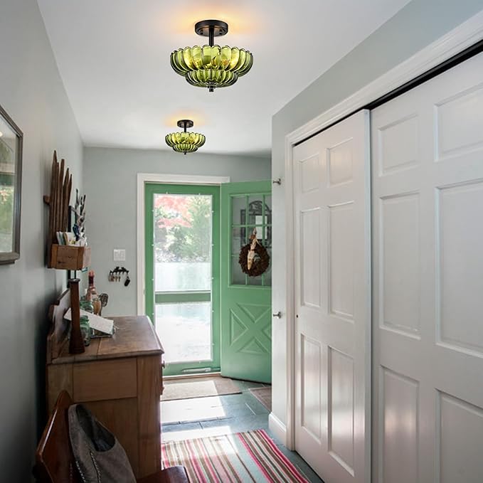 Semi Flush Mount Ceiling Light Fixture, Green Glass 3-Light Modern Vintage Ceiling Lights, Scalloped Close to Ceiling Light, Black Base Flush Mount Ceiling Light for Hallway Bedroom Entryway Kitchen