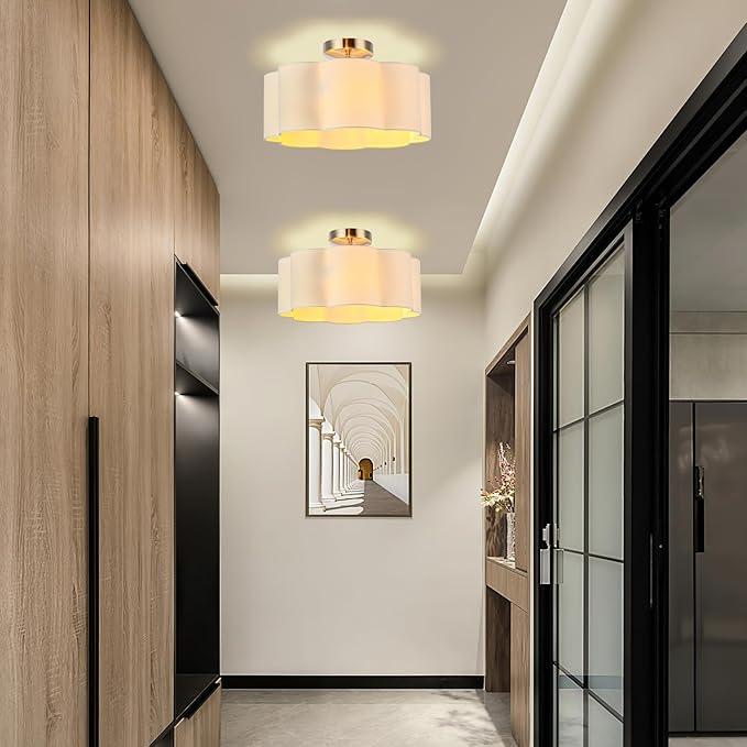 Newrays 3-Light Semi Flush Mount Ceiling Light Fixture, Fabric Shade Modern Close to Ceiling Lamp for Nursery Kids Room Bedroom Kitchen Hallway Entryway with 3PCS LED Bulbs (White)