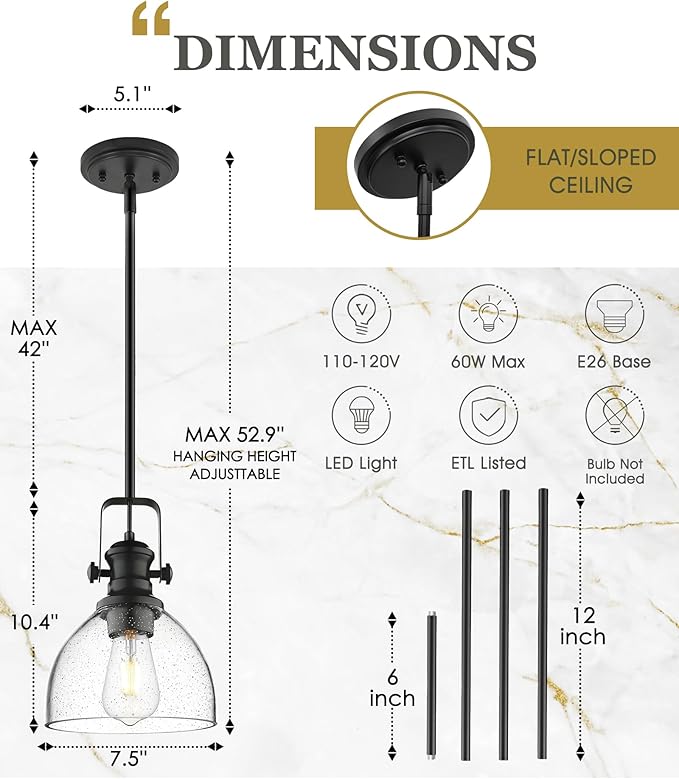 2-Pack Pendant Lights Kitchen Island, 7.5" Black Pendant Lighting with Clear Seeded Glass Shade, Farmhouse Hanging Light Fixtures for Dining Room, AD-22151-1P2-BK-G