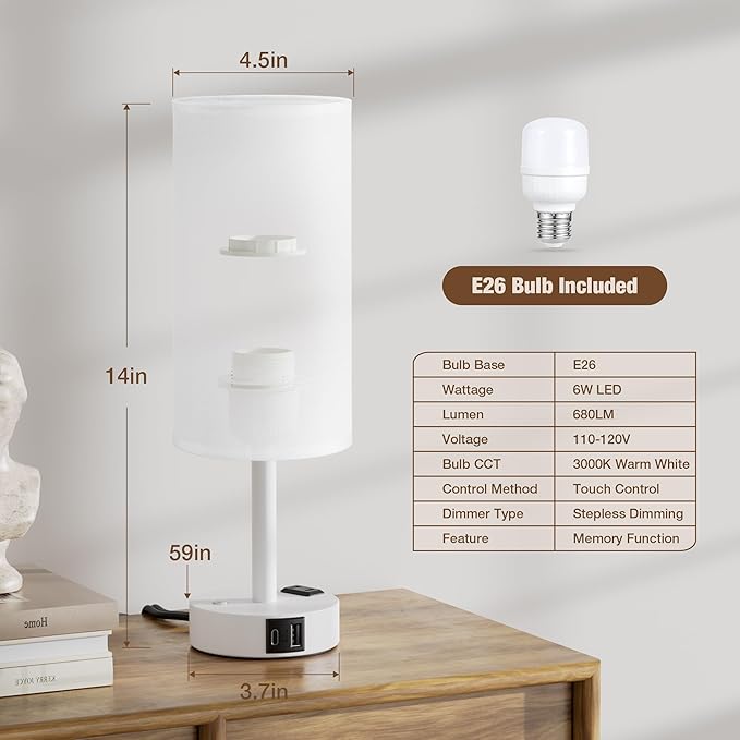 Touch Bedside Table Lamp with Memory - Stepless Dimmable Lamp for Bedroom, Small Nightstand Lamp with Dual USB Charging Ports and AC Outlet, Wood Night Light, Deak Lamp for Nursery (White & White)