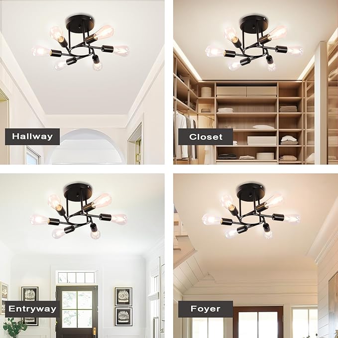 Finktonglan 6-Light Semi Flush Mount Ceiling Light, Matte Black Sputnik Ceiling Light Fixture, Modern Farmhouse E26 Chandelier for Kitchen, Dining Room, Living Room, Bedroom